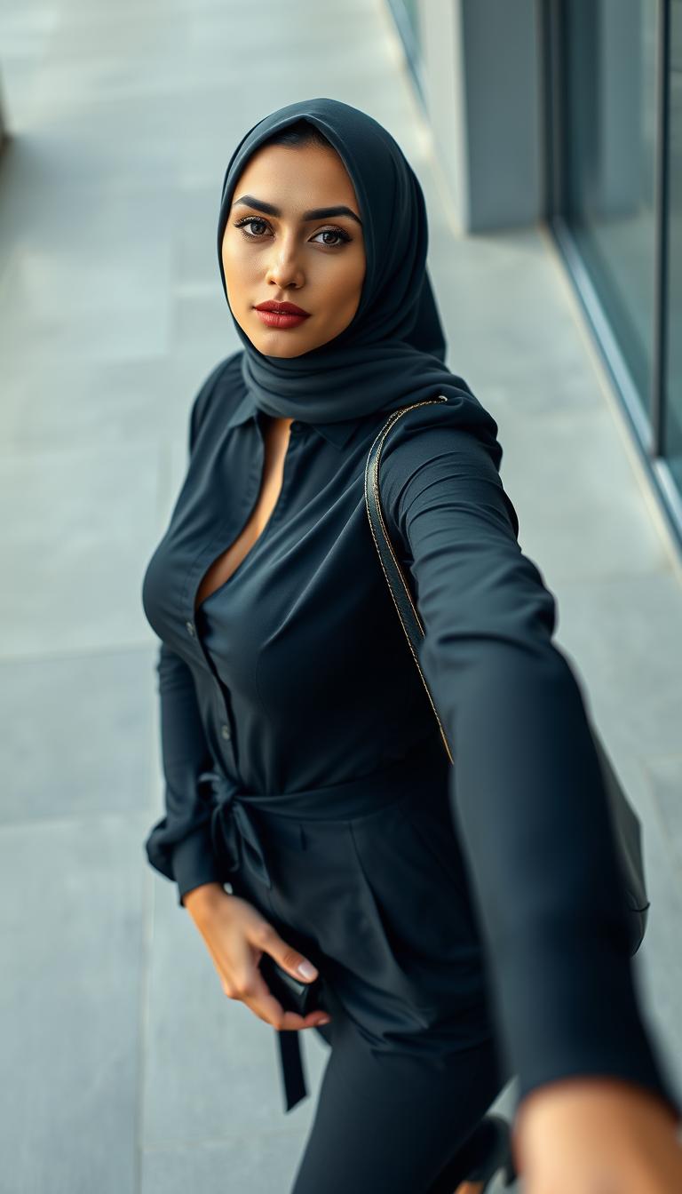 A full-body photo of a 46-year-old Slavic secretary styled in a tight business cleavage shirt that accentuates her silicone-enhanced rounded breasts, paired with a fashionable short top