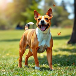 A playful dog with strong, muscular legs, standing in a sunny park, showcasing a shiny coat, a happy expression, and wagging tail, surrounded by some butterflies and a green grassy field