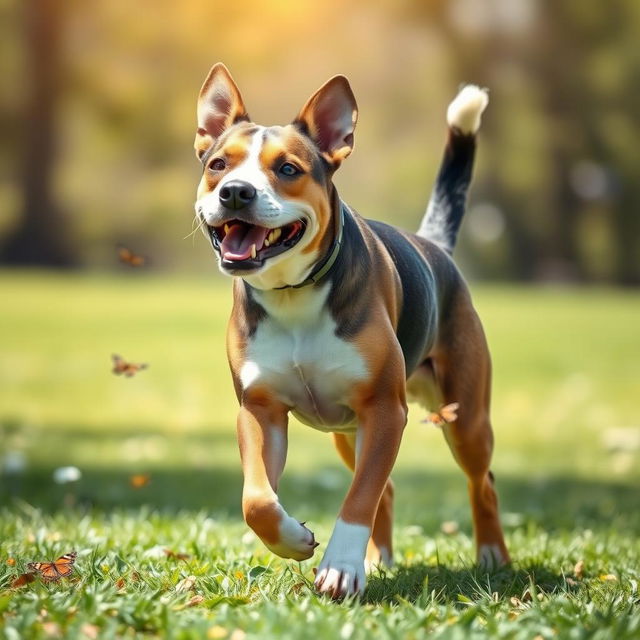 A playful dog with strong, muscular legs, standing in a sunny park, showcasing a shiny coat, a happy expression, and wagging tail, surrounded by some butterflies and a green grassy field