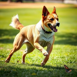 A playful dog with strong, muscular legs, standing in a sunny park, showcasing a shiny coat, a happy expression, and wagging tail, surrounded by some butterflies and a green grassy field