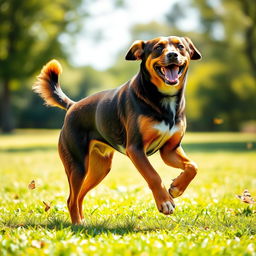 A playful dog with strong, muscular legs, standing in a sunny park, showcasing a shiny coat, a happy expression, and wagging tail, surrounded by some butterflies and a green grassy field
