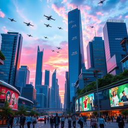 A futuristic city skyline at sunset, with towering skyscrapers made of glass and metal, a vibrant mix of blue and purple hues in the sky reflecting off the buildings