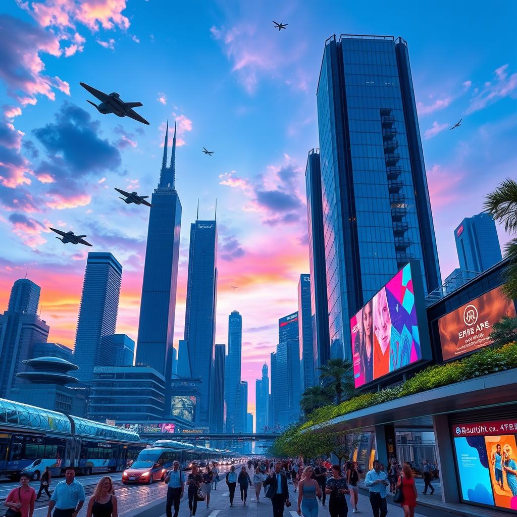 A futuristic city skyline at sunset, with towering skyscrapers made of glass and metal, a vibrant mix of blue and purple hues in the sky reflecting off the buildings