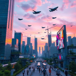 A futuristic city skyline at sunset, with towering skyscrapers made of glass and metal, a vibrant mix of blue and purple hues in the sky reflecting off the buildings