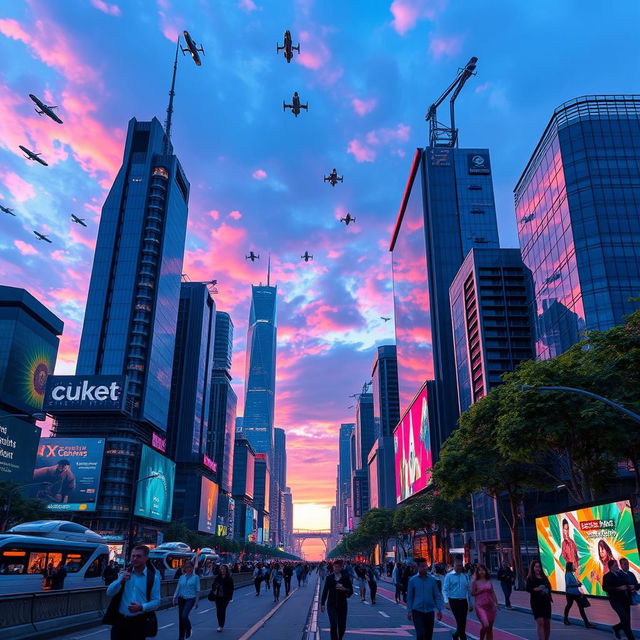 A futuristic city skyline at sunset, with towering skyscrapers made of glass and metal, a vibrant mix of blue and purple hues in the sky reflecting off the buildings