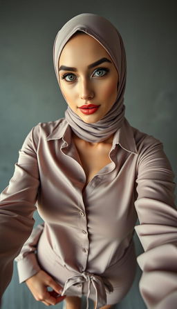 A full-body photo of a 46-year-old Slavic secretary featuring a tight business cleavage shirt that emphasizes her silicone-enhanced rounded breasts, alongside a stylish short top