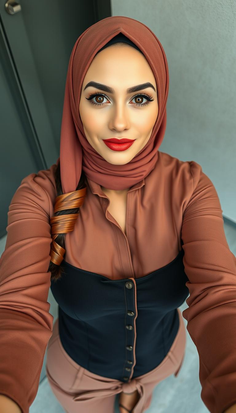 A full-body photo of a 46-year-old Slavic secretary featuring a tight business cleavage shirt that emphasizes her silicone-enhanced rounded breasts, alongside a stylish short top