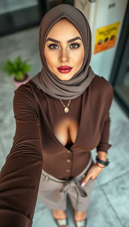 A full-body photo of a 46-year-old Slavic secretary featuring a tight business cleavage shirt that emphasizes her silicone-enhanced rounded breasts, alongside a stylish short top