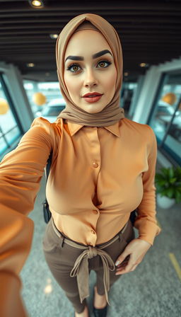 A full-body photo of a 46-year-old Slavic secretary featuring a tight business cleavage shirt that emphasizes her silicone-enhanced rounded breasts, alongside a stylish short top