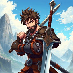 An anime-style fantasy fighter, male with striking brown hair and a distinctive black beard, showcasing a rugged yet charismatic appearance