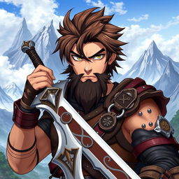 An anime-style fantasy fighter, male with striking brown hair and a distinctive black beard, showcasing a rugged yet charismatic appearance
