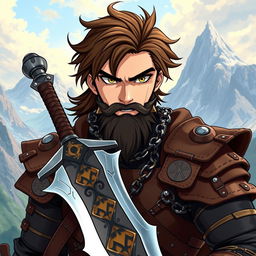 An anime-style fantasy fighter, male with striking brown hair and a distinctive black beard, showcasing a rugged yet charismatic appearance