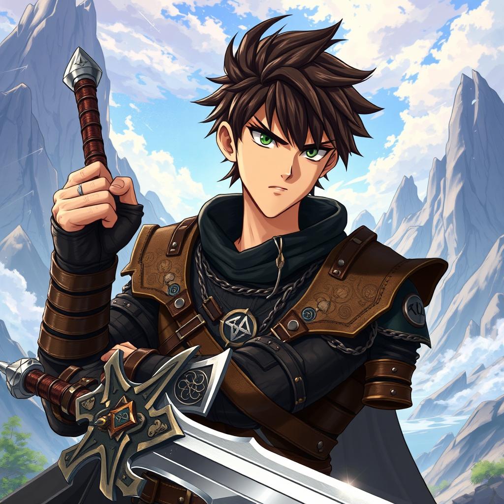 An anime-style fantasy fighter, male with striking brown hair and a distinctive black beard, showcasing a rugged yet charismatic appearance