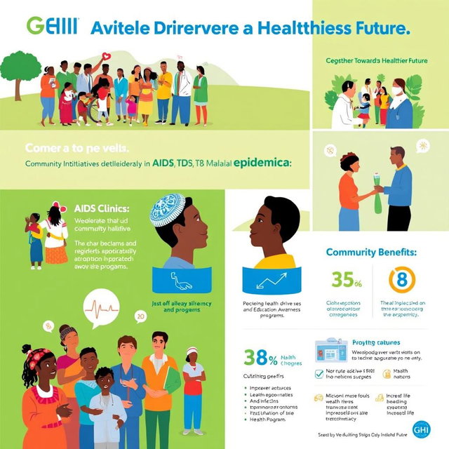 A vibrant and engaging poster highlighting the positive impact of Global Health Initiatives (GHI) in accelerating the end of AIDS, TB, and Malaria as epidemics, focusing on community benefits