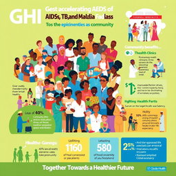 A vibrant and engaging poster highlighting the positive impact of Global Health Initiatives (GHI) in accelerating the end of AIDS, TB, and Malaria as epidemics, focusing on community benefits