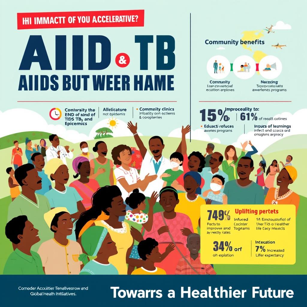 A vibrant and engaging poster highlighting the positive impact of Global Health Initiatives (GHI) in accelerating the end of AIDS, TB, and Malaria as epidemics, focusing on community benefits