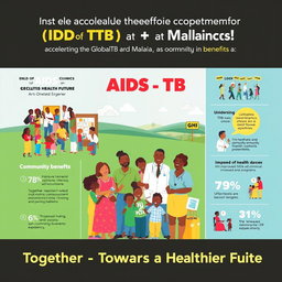 A vibrant and engaging poster highlighting the positive impact of Global Health Initiatives (GHI) in accelerating the end of AIDS, TB, and Malaria as epidemics, focusing on community benefits