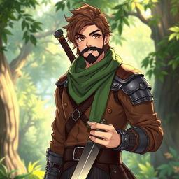 An anime-style fantasy fighter, a male character with warm brown hair and a kind-looking black beard