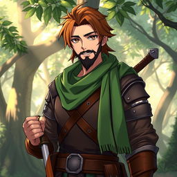 An anime-style fantasy fighter, a male character with warm brown hair and a kind-looking black beard