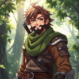 An anime-style fantasy fighter, a male character with warm brown hair and a kind-looking black beard