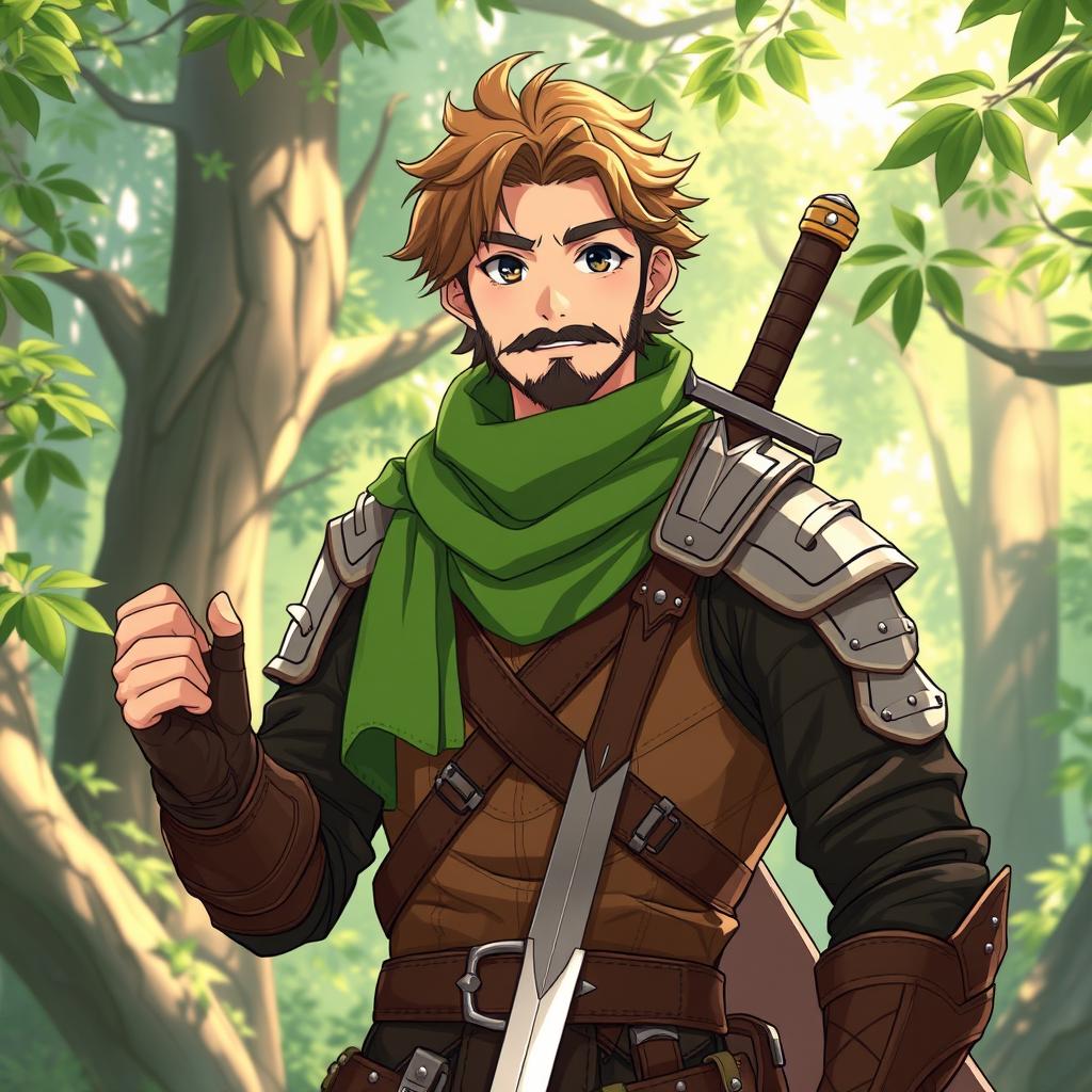 An anime-style fantasy fighter, a male character with warm brown hair and a kind-looking black beard