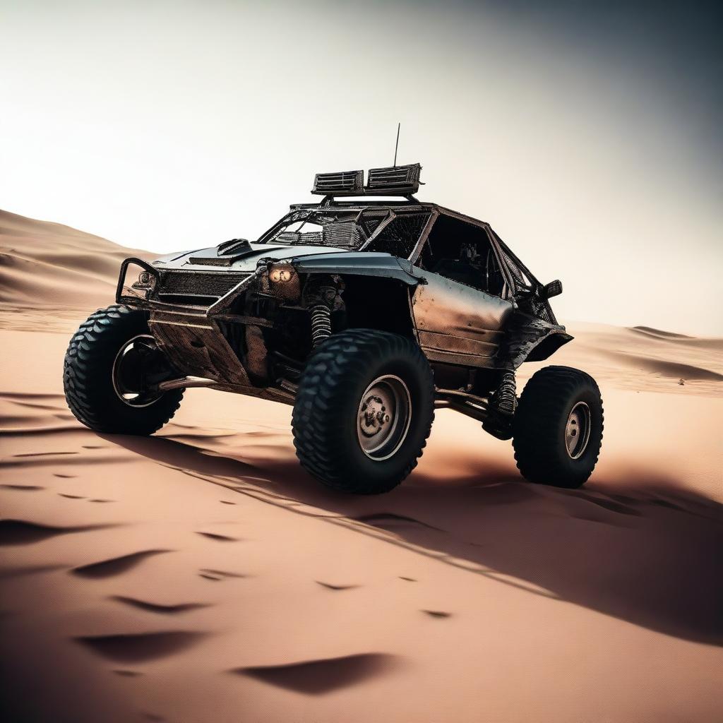 An armored buggy, designed in the style of a sports car, is tearing through a desert landscape at full speed