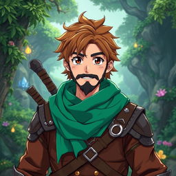 An anime-style fantasy fighter, a male character with warm brown hair and a kind-looking black beard that adds to his approachable demeanor