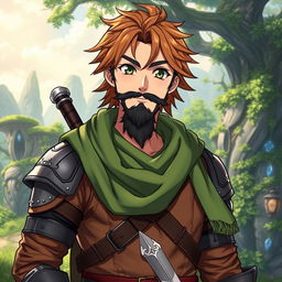 An anime-style fantasy fighter, a male character with warm brown hair and a kind-looking black beard that adds to his approachable demeanor