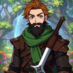 An anime-style fantasy fighter, a male character with warm brown hair and a kind-looking black beard that adds to his approachable demeanor