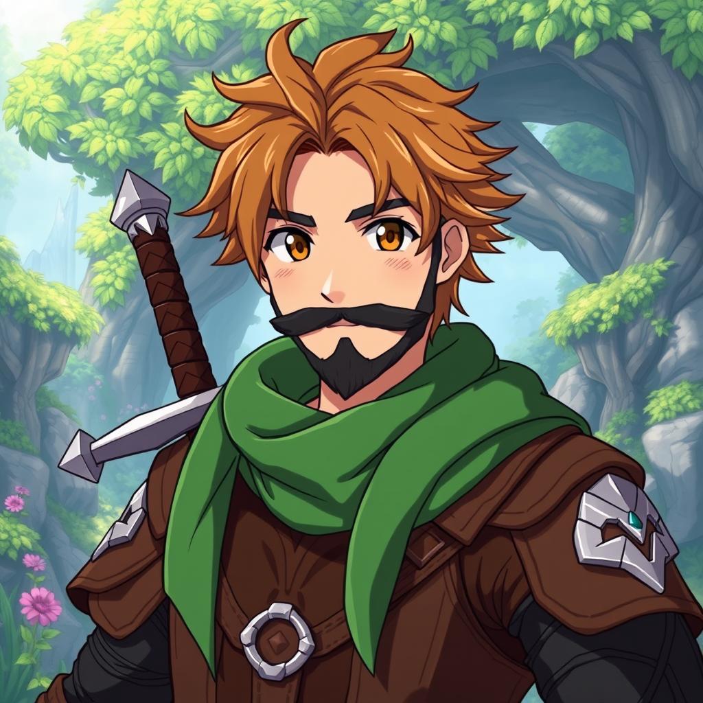 An anime-style fantasy fighter, a male character with warm brown hair and a kind-looking black beard that adds to his approachable demeanor
