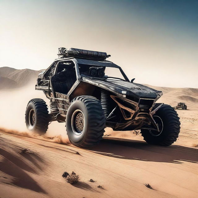 An armored buggy, designed in the style of a sports car, is tearing through a desert landscape at full speed