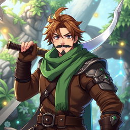 An anime-style fantasy fighter, a male character with warm brown hair and a kind-looking black beard without a mustache, exuding a friendly and approachable personality