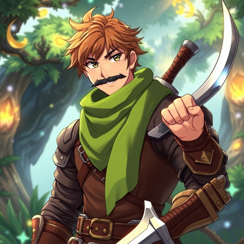 An anime-style fantasy fighter, a male character with warm brown hair and a kind-looking black beard without a mustache, exuding a friendly and approachable personality