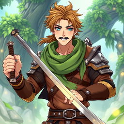 An anime-style fantasy fighter, a male character with warm brown hair and a kind-looking black beard without a mustache, exuding a friendly and approachable personality