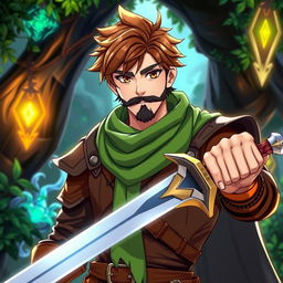 An anime-style fantasy fighter, a male character with warm brown hair and a kind-looking black beard without a mustache, exuding a friendly and approachable personality