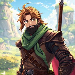 An anime-style fantasy fighter, depicted as a male character with warm brown hair and a kind-looking black beard