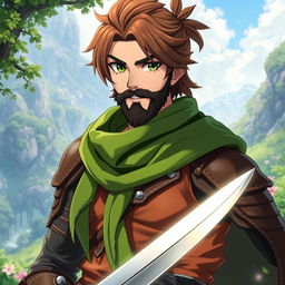 An anime-style fantasy fighter, depicted as a male character with warm brown hair and a kind-looking black beard