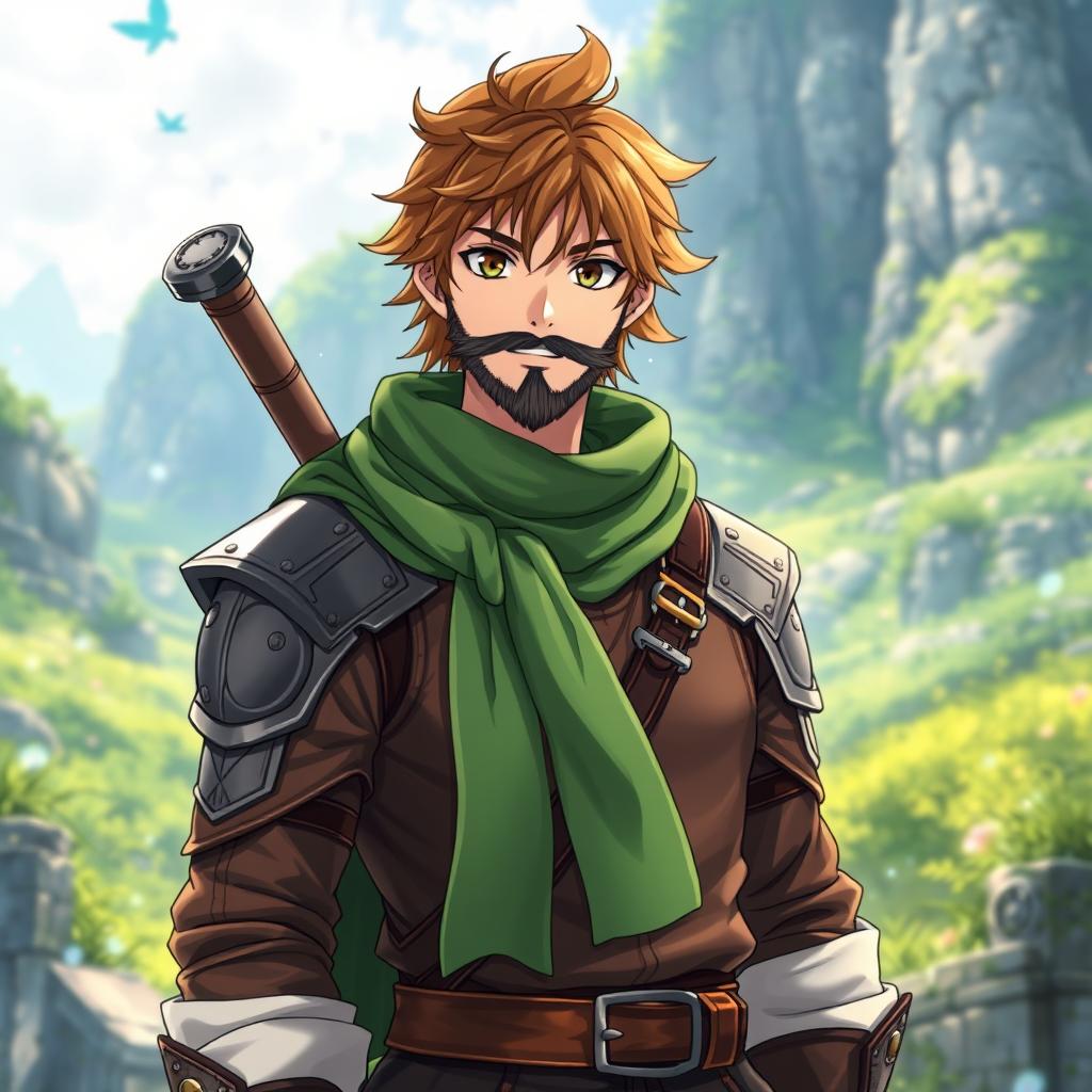 An anime-style fantasy fighter, depicted as a male character with warm brown hair and a kind-looking black beard
