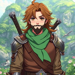 An anime-style fantasy fighter, depicted as a male character with warm brown hair and a kind-looking black beard