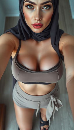 A close-up, full-body selfie of a 46-year-old Slavic secretary showcasing a tight bra that highlights her silicone-enhanced rounded breasts, complemented by a stylish short top