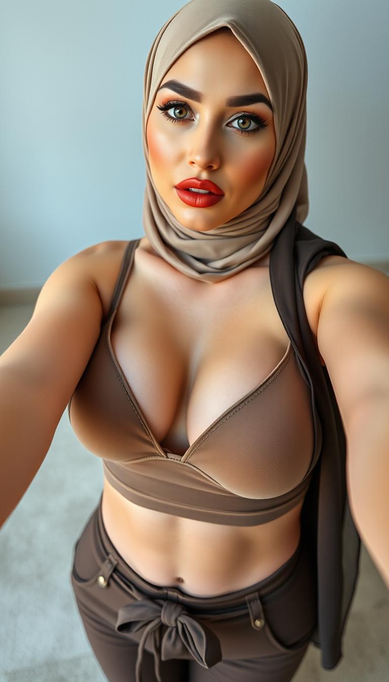 A close-up, full-body selfie of a 46-year-old Slavic secretary showcasing a tight bra that highlights her silicone-enhanced rounded breasts, complemented by a stylish short top