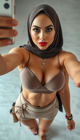 A close-up, full-body selfie of a 46-year-old Slavic secretary showcasing a tight bra that highlights her silicone-enhanced rounded breasts, complemented by a stylish short top