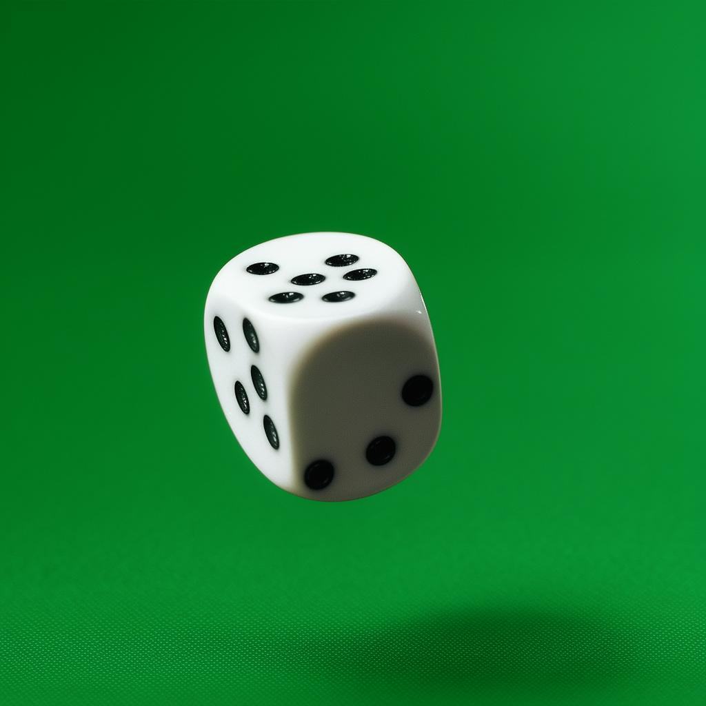 A single die in the process of landing on the table, captured at the moment before it settles, indicating a random roll.