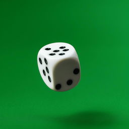 A single die in the process of landing on the table, captured at the moment before it settles, indicating a random roll.