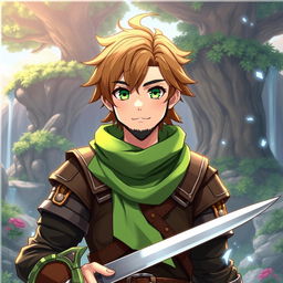 An anime-style fantasy fighter, a male character with bright green eyes and warm brown hair complemented by a simple black beard, radiating a kind and friendly demeanor
