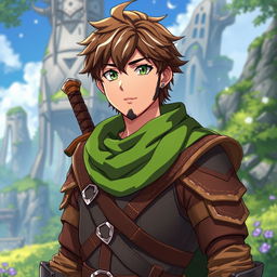 An anime-style fantasy fighter, a male character with bright green eyes and warm brown hair complemented by a simple black beard, radiating a kind and friendly demeanor