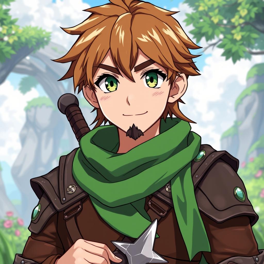 An anime-style fantasy fighter, a male character with bright green eyes and warm brown hair complemented by a simple black beard, radiating a kind and friendly demeanor