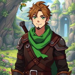 An anime-style fantasy fighter, a male character with bright green eyes and warm brown hair complemented by a simple black beard, radiating a kind and friendly demeanor