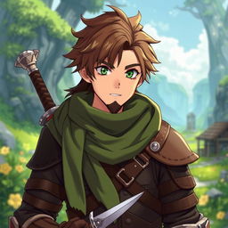 An anime-style fantasy fighter, showcasing a male character with striking green eyes and warm brown hair, complemented by a kind-looking black beard
