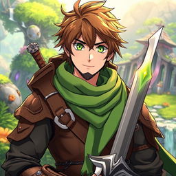 An anime-style fantasy fighter, showcasing a male character with striking green eyes and warm brown hair, complemented by a kind-looking black beard